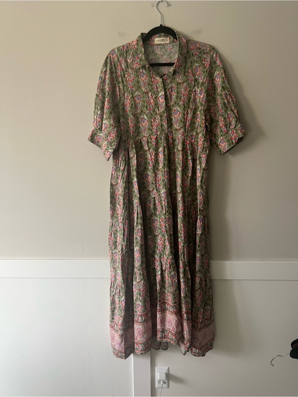 Natural Life Floral Block Print Tiered Maxi Shirt Dress Size L Boho